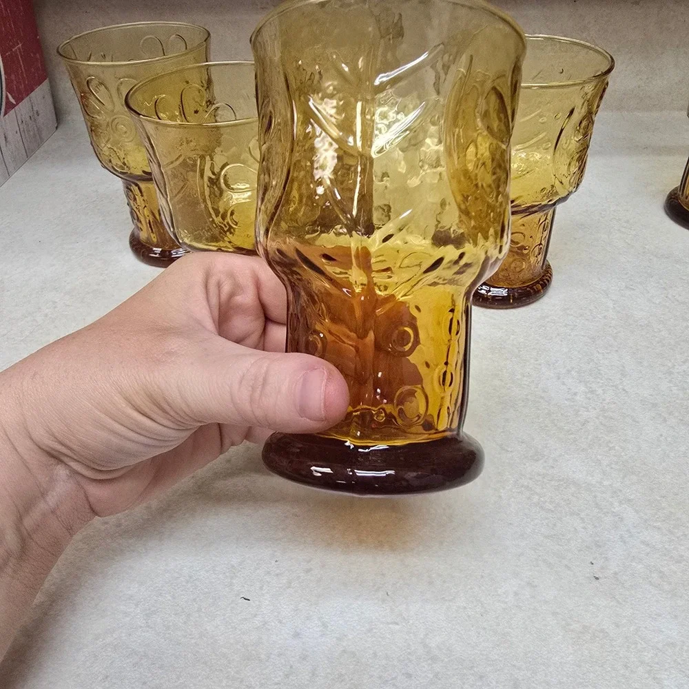 Vintage Amber Glass Tumblers Set of 5 Embossed Floral Footed Mid Century Glasses